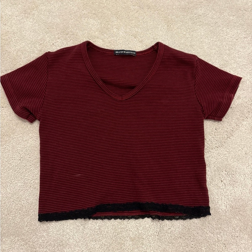 Brandy Melville Women's Burgundy Striped Tee